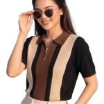 AUSK Women’s Casual Summer Polo Knit T-Shirt | Zip Collar Top | Half Sleeves | Ribbed Panel Design | Lightweight Comfort | Regular Fit