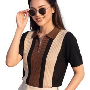 AUSK Women’s Casual Summer Polo Knit T-Shirt | Zip Collar Top | Half Sleeves | Ribbed Panel Design | Lightweight Comfort | Regular Fit